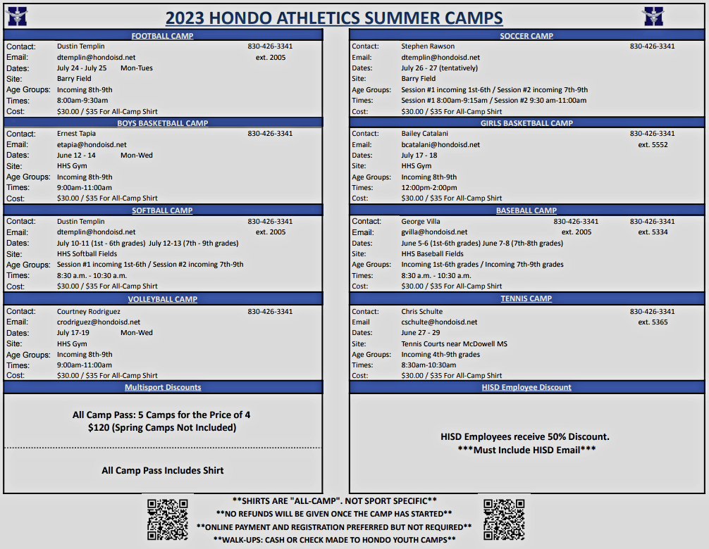 HondoAthletics's tweet photo. 🚨SUMMER CAMP INFO🚨
There are two options this year. Shirt and no shirt. If you want to buy a shirt, make sure you only select this option once as the SHIRTS ARE ALL CAMP AND NOT SPORT SPECIFIC. The Multi-Sport Discount comes with a shirt as well!
#BeUncommon
#GetaWin
#FightOn https://t.co/eVqh84SW7u