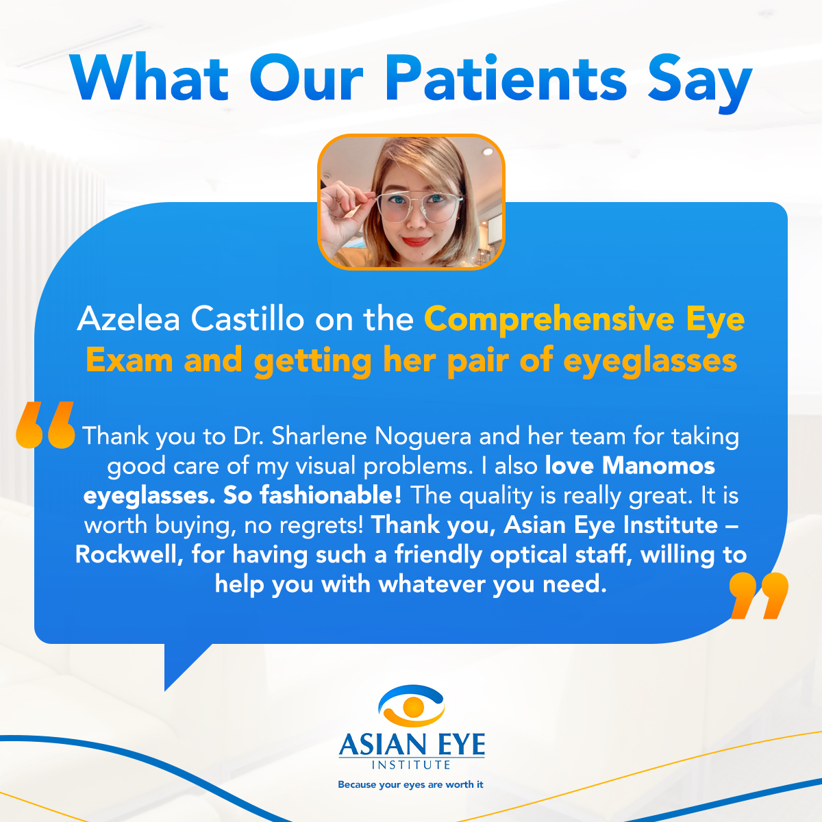 asianeyephil's tweet photo. Thank you, Azelea, for sharing your experience at Asian Eye Institute - Rockwell!

Have you had your eyes checked lately? When you get a comprehensive eye exam, you find out not just how clear your vision is but also about the overall condition of your eyes. https://t.co/J4md2e2lVl