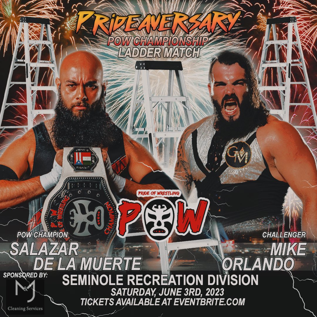 Ladder Match for the POW Championship @slzrexecutioner vs @thebigorlando 
POW27 Prideaversary Pride and Honor Saturday June 3rd 5:00pm Seminole Rec Division Seminole FL
🎟 eventbrite.com/e/632388179067🎟