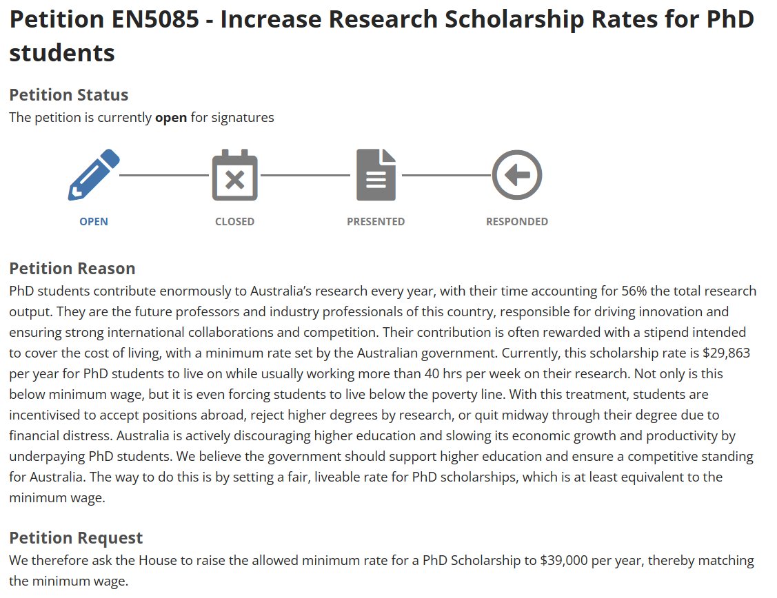 A parliamentary petition to lobby the government to increase PhD student stipends to match minimum wage has been made today (not by us).💸

We encourage you to sign it and share it with others. Everyone residing in Australia is eligible to sign.

aph.gov.au/e-petitions/pe…