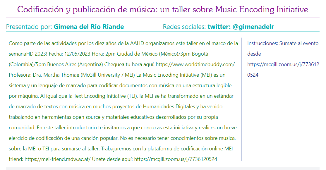 Red Colombiana de Humanidades Digitales (@rehdi_co) on Twitter photo En la #SemanaHD, Gimena del Rio Riande presenta "Codificación y publicación de música: un taller sobre Music Encoding Initiative"
-Será el 12 de mayo a las 16:00 (Colombia)
- Info semanahd.cuaieed.unam.mx/#/calendario
- Enlace mcgill.zoom.us/j/7736120524
<a href="/gimenadelr/">Gimena del Rio Riande</a> <a href="/aahdArg/">Asociación Argentina de Humanidades Digitales</a> @cuaieedunam <a href="/Red_HD/">Red HD</a> En la #SemanaHD, Gimena del Rio Riande presenta "Codificación y publicación de música: un taller sobre Music Encoding Initiative"
-Será el 12 de mayo a las 16:00 (Colombia)
- Info semanahd.cuaieed.unam.mx/#/calendario
- Enlace mcgill.zoom.us/j/7736120524
<a href="/gimenadelr/">Gimena del Rio Riande</a> <a href="/aahdArg/">Asociación Argentina de Humanidades Digitales</a> @cuaieedunam <a href="/Red_HD/">Red HD</a>