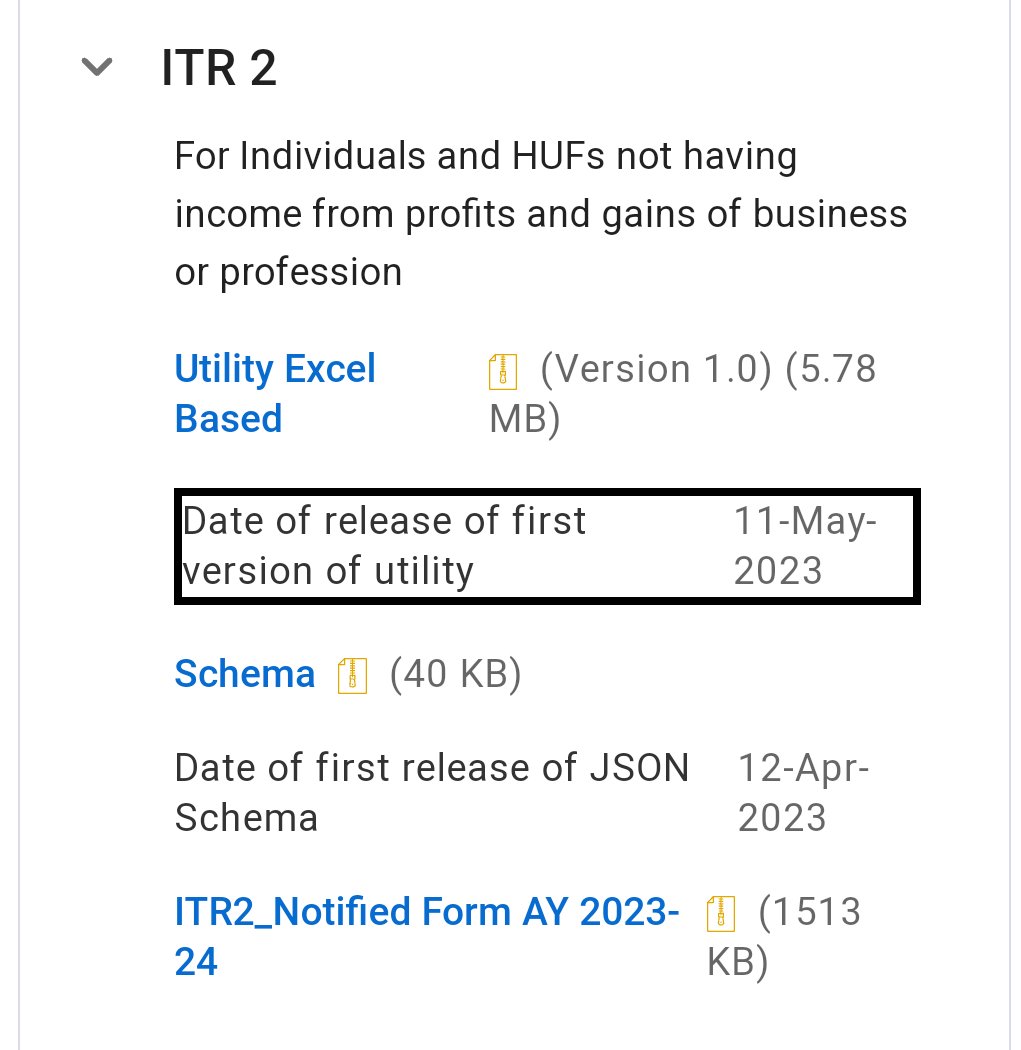 ITR Filing Started for AY 2023-24 for ITR 2 

Excel Based Utility Released for ITR 2

(ITR 1/ITR 2 & ITR 4 Filing Enabled) 
@IncomeTaxIndia Date 11/05/2023