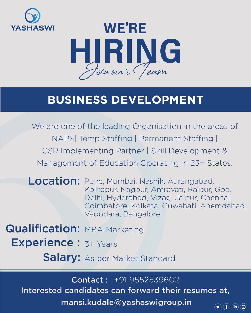 We are #hiring for Business Development across Pan India.

Apply Now!
☎️: +91 9552539602
📧: mansi.kudale@yashaswigroup.in

#hiring #hiringnow #hiringimmediately #hiringpost #punejobs #mumbaijobs #aurangabadjobs #bangalorejobs #careers #businessdevelopment   #yashaswigroup