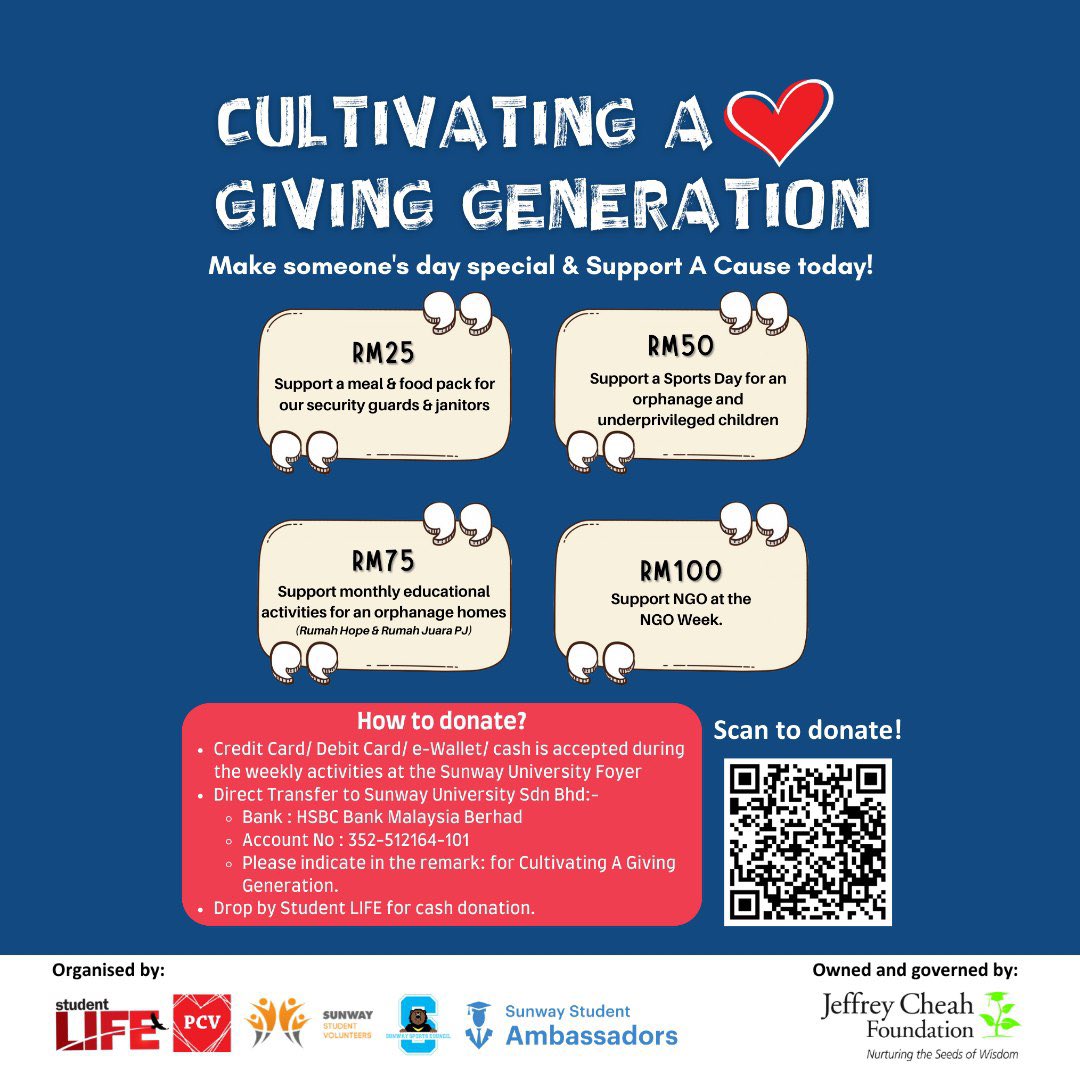SunwayU's tweet photo. Join us for Cultivating A Giving Generation: a month-long festival of giving and kindness starting on 16 May 2023.
#CampusWithAConscience https://t.co/gM1bJo8Jq3