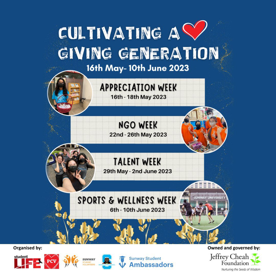 SunwayU's tweet photo. Join us for Cultivating A Giving Generation: a month-long festival of giving and kindness starting on 16 May 2023.
#CampusWithAConscience https://t.co/gM1bJo8Jq3