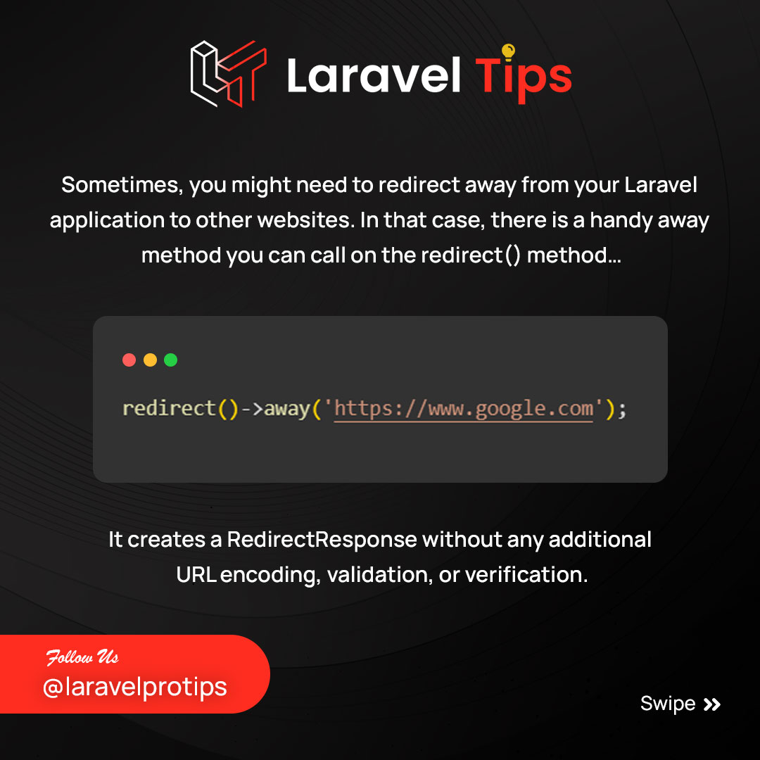 laravel_protips's tweet image. Simplify Your Laravel Workflow Management! 📈 Discover How to Redirect Users Away from Your App to another website for More Streamlined Task Execution.

#laravel #php #codinglife #coder #coderlife #laraveltips #codingtips #tipsandtricks #programming  #jquery #js #software #coding