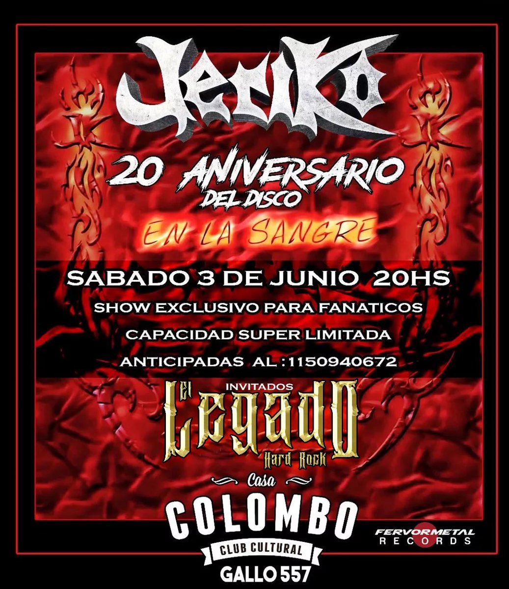 Suena EL LEGADO - Sanando Mis Heridas

La fecha que la banda había anunciado para el 24/06 en Uniclub se canceló, pero EL LEGADO va a estar presentando su 1er EP "Retando al Destino" el 03/06 en Casa Colombo junto a JERIKO que festeja el aniversario de su Disco "En la Sangre".