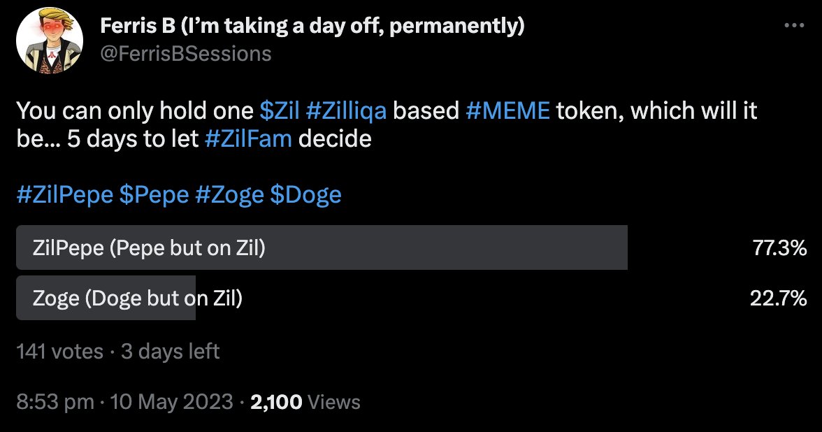 FerrisBSessions's tweet photo. A couple of days in, so far #ZilPepe is in the lead... though perhaps now $ZOGE has been listed on #ZilStream we might see some movement from the underdoge...
$PEPE $DOGE https://t.co/HarJxND5Qr