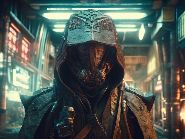 Bladehart11's tweet photo. @WilderWorld A hooded Cyberpunk Star Wars vigilante  protecting the alleyways of his city, photorealistic https://t.co/a8ybnscDfZ