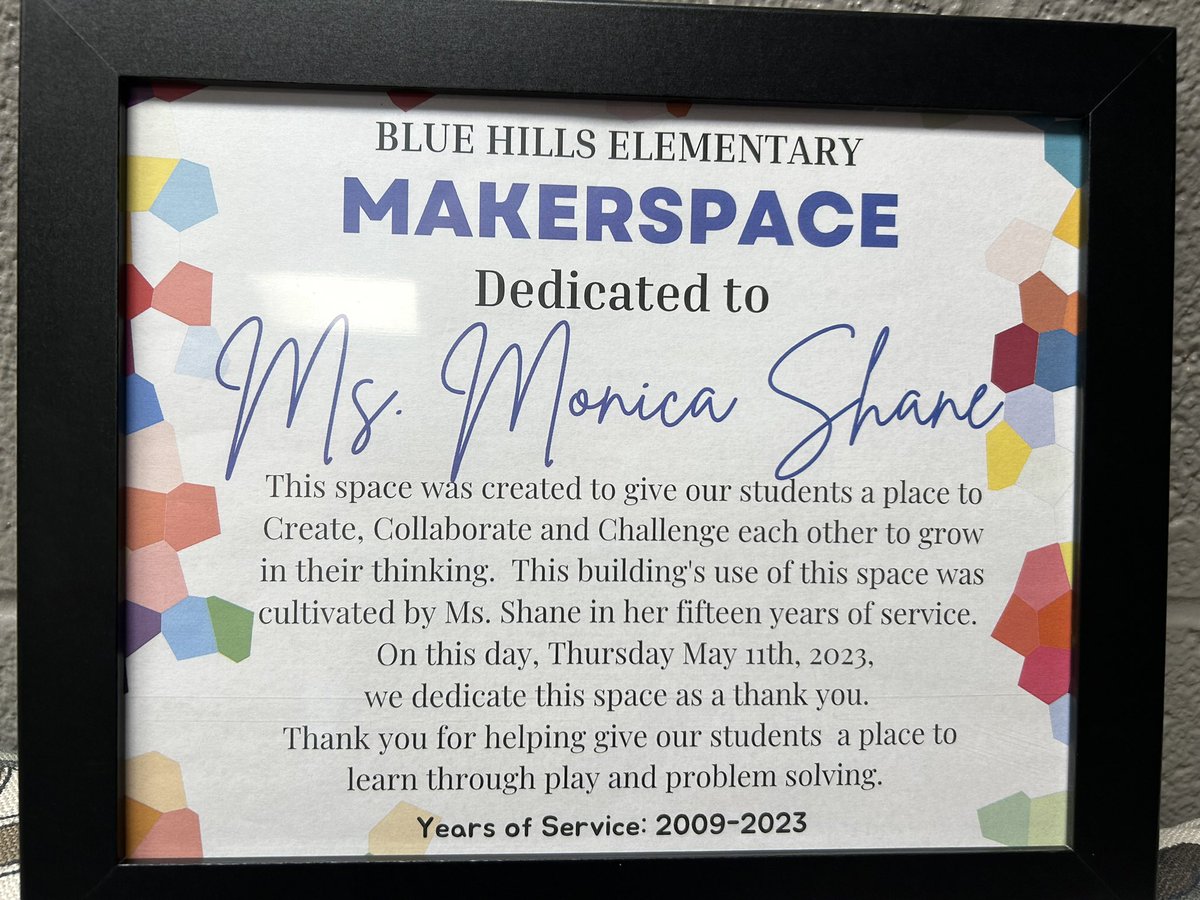 mkshane's tweet photo. I’m wrapping up my career as an elementary principal and today our staff surprised me. They dedicated the Makerspace to me. It has been a passion of mine to provide a space for kids to create. 
I’ll forever be Fort proud!
#FortOsage 
#BlueHills https://t.co/m7sXGFTEbH