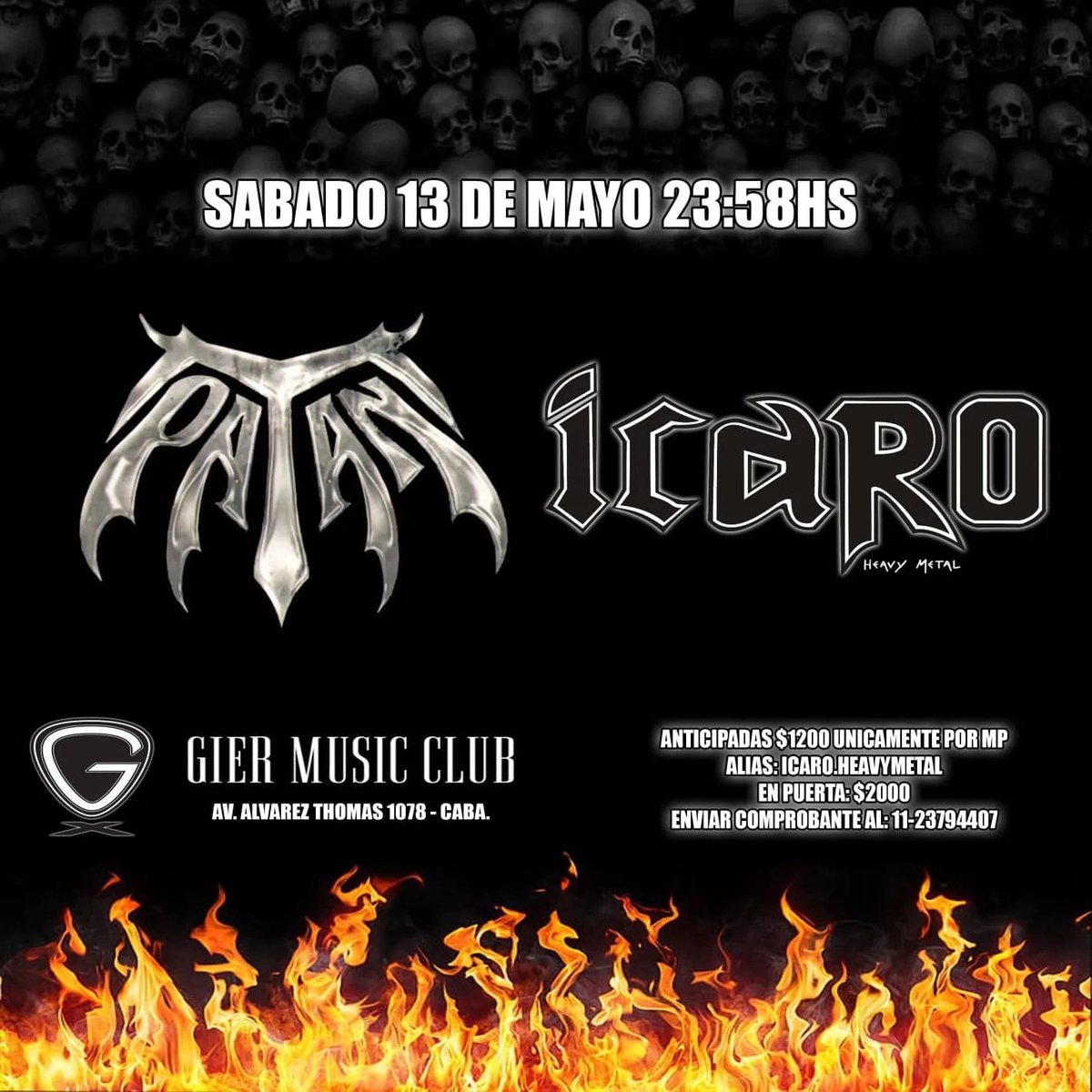 Cerrando la cartelera de EL UNIVERSO DEL HEAVY METAL suena PATAN - No Voy a Claudicar
 
Este Sábado 13/05 se presentan JUNTOS PATAN e ICARO en Gier Music Club.