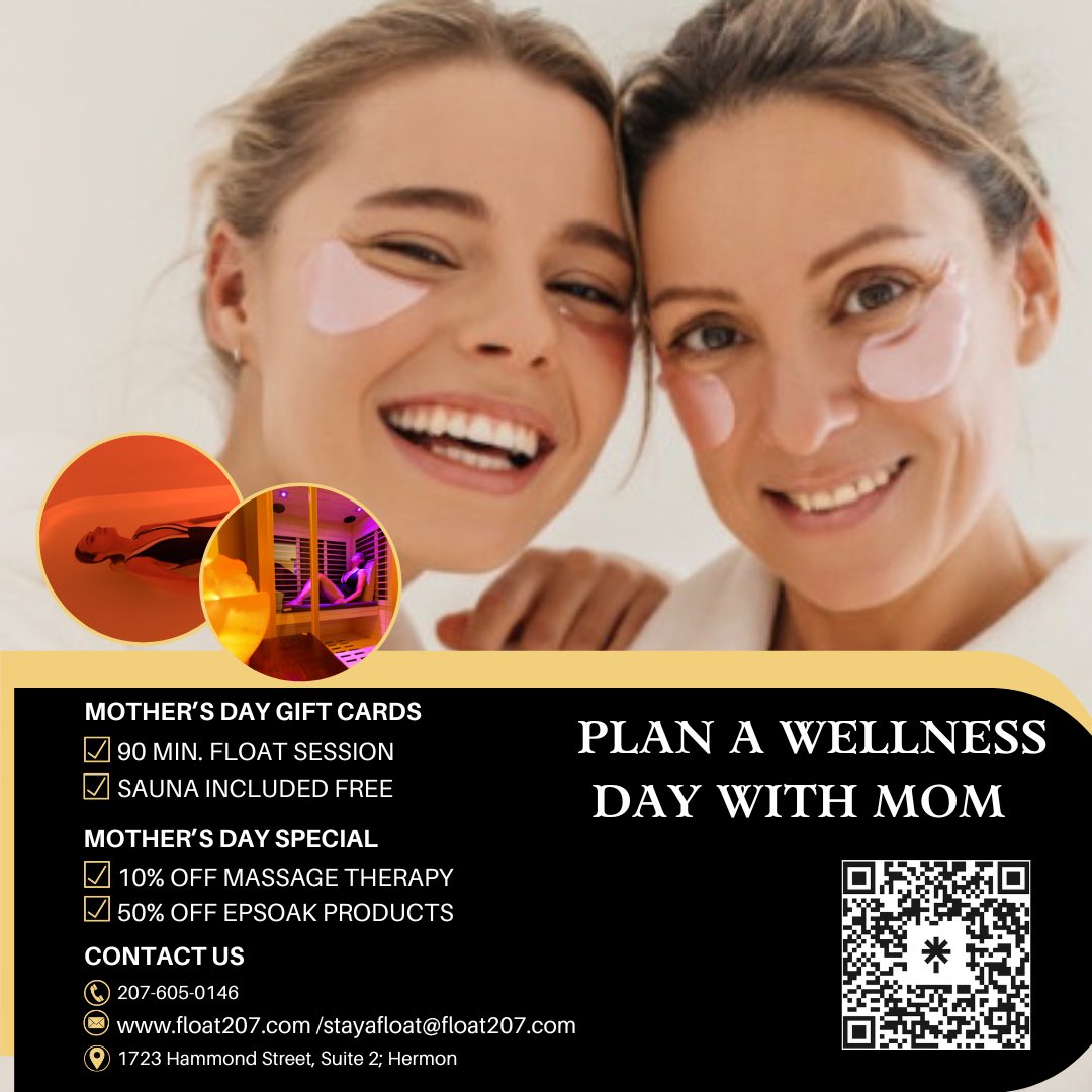 Float207's tweet photo. Plan a wellness day with Mom. Purchase a Mother’s Day gift card and get one float session plus one sauna session free. Visit https://t.co/uc8cmyRUTa

#mymomma #mom #mommy #mom #mother #grandma #soontobemom #soontobemommy #mothersday #giftcard #free #float #love #sauna https://t.co/0dK9HFsXWM