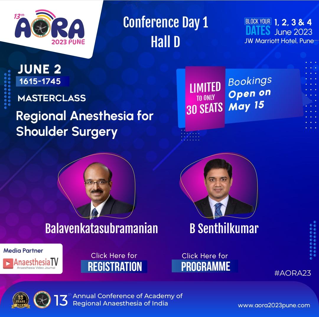 Masterclass on #RA for #shoulder surgery on Day 1 of #AORA23 Limited to 30 seats. Register for it.