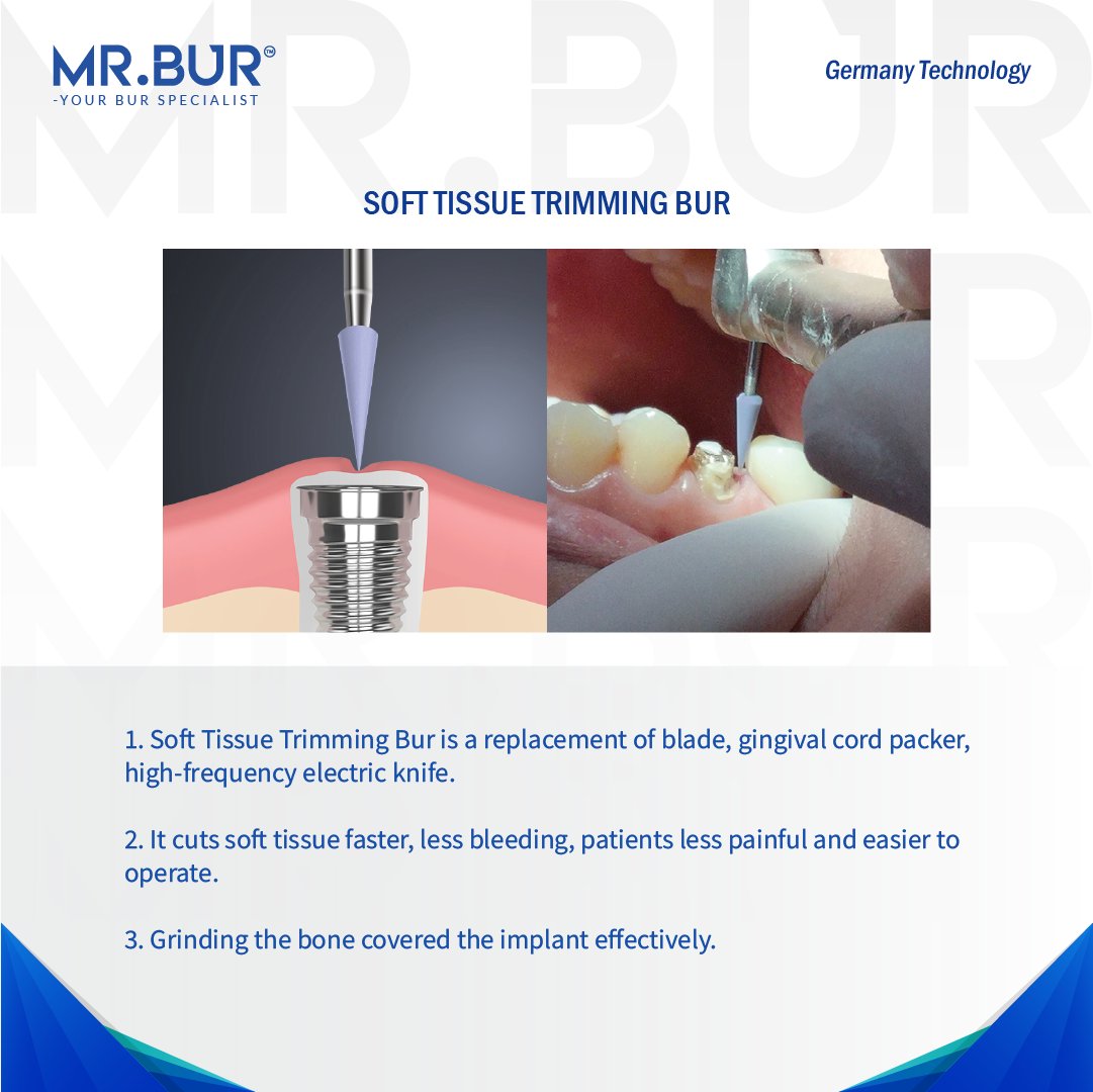 Soft Tissue Trimming Bur is the superior choice for trimming soft tissue when compared to traditional blades. 
Unlike blades, which can often result in tissue trauma and bleeding, it is designed to minimize tissue damage and promote faster healing times. 

#dentaltools #precision