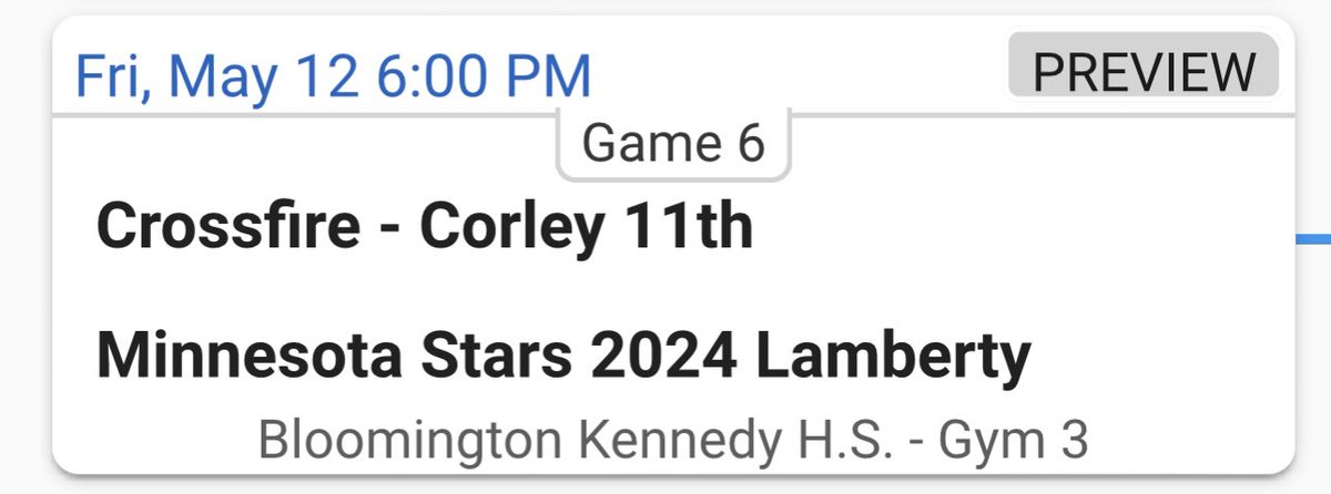 Gym #3 at Kennedy is the place to be this Friday night at 6:00!
<a href="/langeberghannah/">Hannah Langeberg</a> <a href="/williams_h2/">Hailey Williams</a> <a href="/lizzie_corley/">Lizzie Corley</a> <a href="/averykrumwiede/">Avery Krumwiede</a> <a href="/AshleyKing2024/">AshleyKing20</a> <a href="/KateDrury2024/">Kate Drury</a> <a href="/MalechaMadison/">Madison Malecha</a> <a href="/NessaWright2024/">Vanessa Wright</a> <a href="/AriComfort2024/">Arianna Comfort</a> @Crossfire_2024 <a href="/CrossfireGHoops/">Crossfire Girls Hoops MN AAU</a> <a href="/GMacHoops/">Grant McGinnis</a> <a href="/JrAllStarMN/">Minnesota Jr. All-Star GBB</a> <a href="/FiveStateHoops/">Chuck Thompson</a>