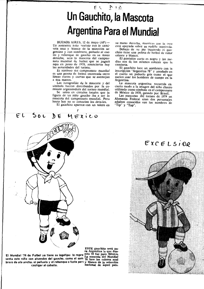 UliMascotverse6's tweet photo. Hoy, hace 46 aΓ±os en 1977 un 12 de Mayo, se presentΓ³ al mundo la mascota del Mundial 78, Gauchito/Mundialito! Que si bien no fue bien recibido por los extranjeros por la falta de originalidad, se ganΓ³ el cariΓ±o de los Argentinos en esos aΓ±os, Feliz aniversario Gauchito! https://t.co/iUmBkgk5sm