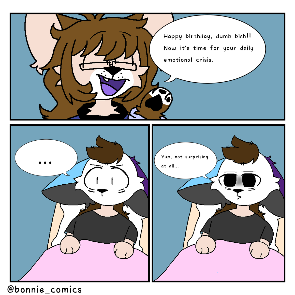 Bonnie_comics's tweet photo. Another birthday with daily emotional crisis

Made this because today it's my birthday 

Bella (the white "cat")
Bea (the brown haired cat)
•
•
•
•
•
Ignore tags
#birthday #birthdayart #happybirthday #furry #furryart #furryartist #sona #comic #furrycomic #birthdaycomic https://t.co/8HaLVKofZn