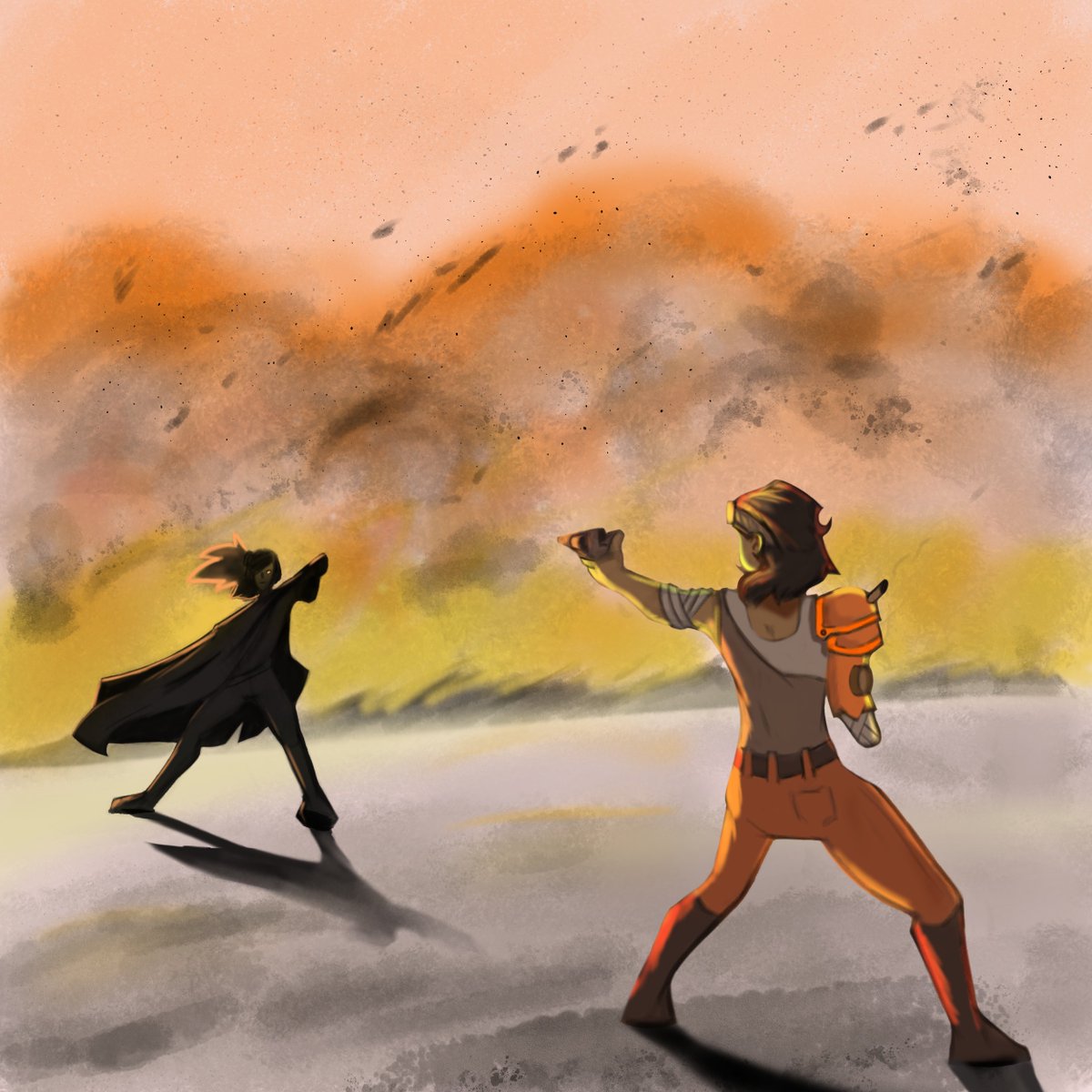 Sisters. My characters Kimber (front) and Irene (back) Hughes. A concept piece for the story I'm working on. I don't normally draw scenes, so this was fun and challenging.

#digitalart #digitalillustration #clipstudiopaint #myart #drawing #digitalpainting