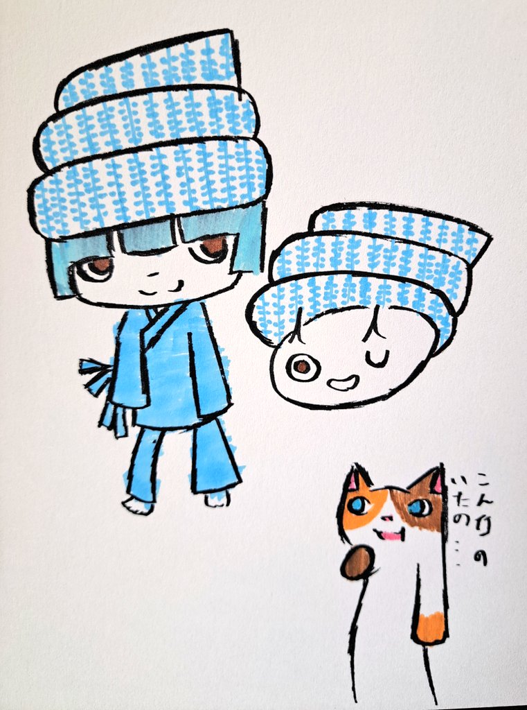 cat blue hair hat smile traditional media brown eyes 1boy  illustration images