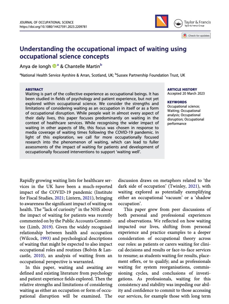 So excited to finally be able to say this ... our paper is now published! 'Understanding the occupational impact of waiting using occupational science concepts' in @joccsci with @chaniedavies! tandfonline.com/eprint/RWJUZ2W… #OccupationalTherapy #OccupationalScience