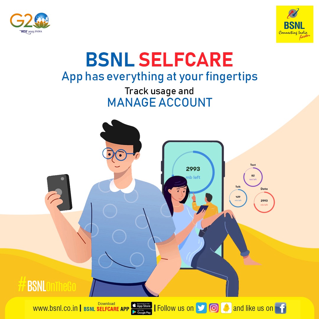BSNLCorporate's tweet photo. #BSNLSelfCareApp has everything at your fingertips. Download the app now.
Google Play: https://t.co/UU6d6koAYn
App Store: https://t.co/KunRjlIMp9 
#BSNLOnTheGo #DownloadNow #G20India #BSNL https://t.co/zoRgLPjeMl