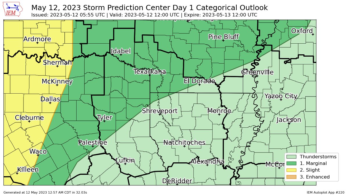 SPC issues Day 1 Marginal Convective Risk at May 12, 5:55z for SHV spc.noaa.gov/products/outlo…