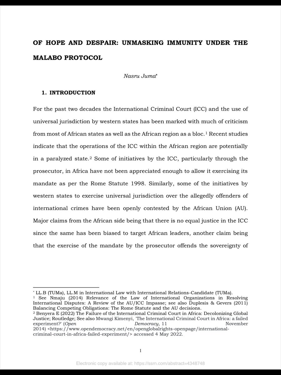 OF HOPE AND DESPAIR: UNMASKING IMMUNITY UNDER THE MALABO PROTOCOL

By @NasruJuma

Link to text: - papers.ssrn.com/sol3/cf_dev/Ab… -

#Immunity #HeadOfState #MalaboProtocol #CrimeOfAggression