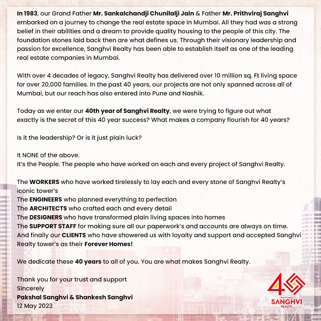 40 Years of Building Dreams: Celebrating Our Legacy in Real Estate Excellence!
.
.
.
.
.
.
#RealEstateLegacy #40YearsStrong #RealEstateExcellence #BuildingDream #EstablishedSince1983 #CelebratingMilestones #CommunityBuilders #RealEstateExperts #DecadesOfSuccess #RealEstateJourney