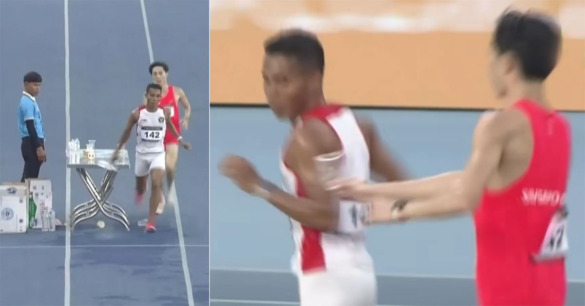 MothershipSG's tweet photo. S'porean Soh Rui Yong gives water to Indonesian 10,000m race leader who fumbled water bottle https://t.co/qj08Yo3BLQ https://t.co/meVsb7MJxu