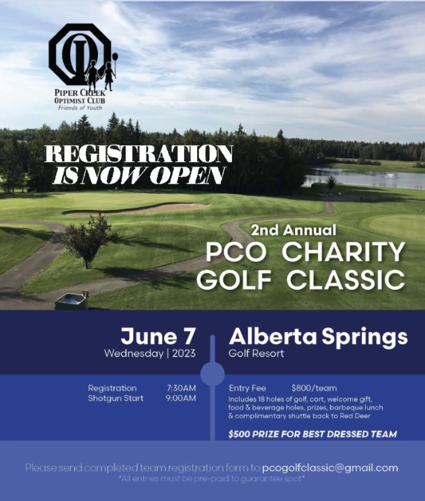 It’s back!!!

Join us at Alberta Springs on Wednesday, June 7 for the second annual <a href="/PCORedDeer/">Piper Creek Optimist Club of Red Deer</a> Charity Golf Classic!

Limited space remains… so register your team before it’s too late!

DETAILS/REGISTER ➡️ bit.ly/2020PCOGolfCla…