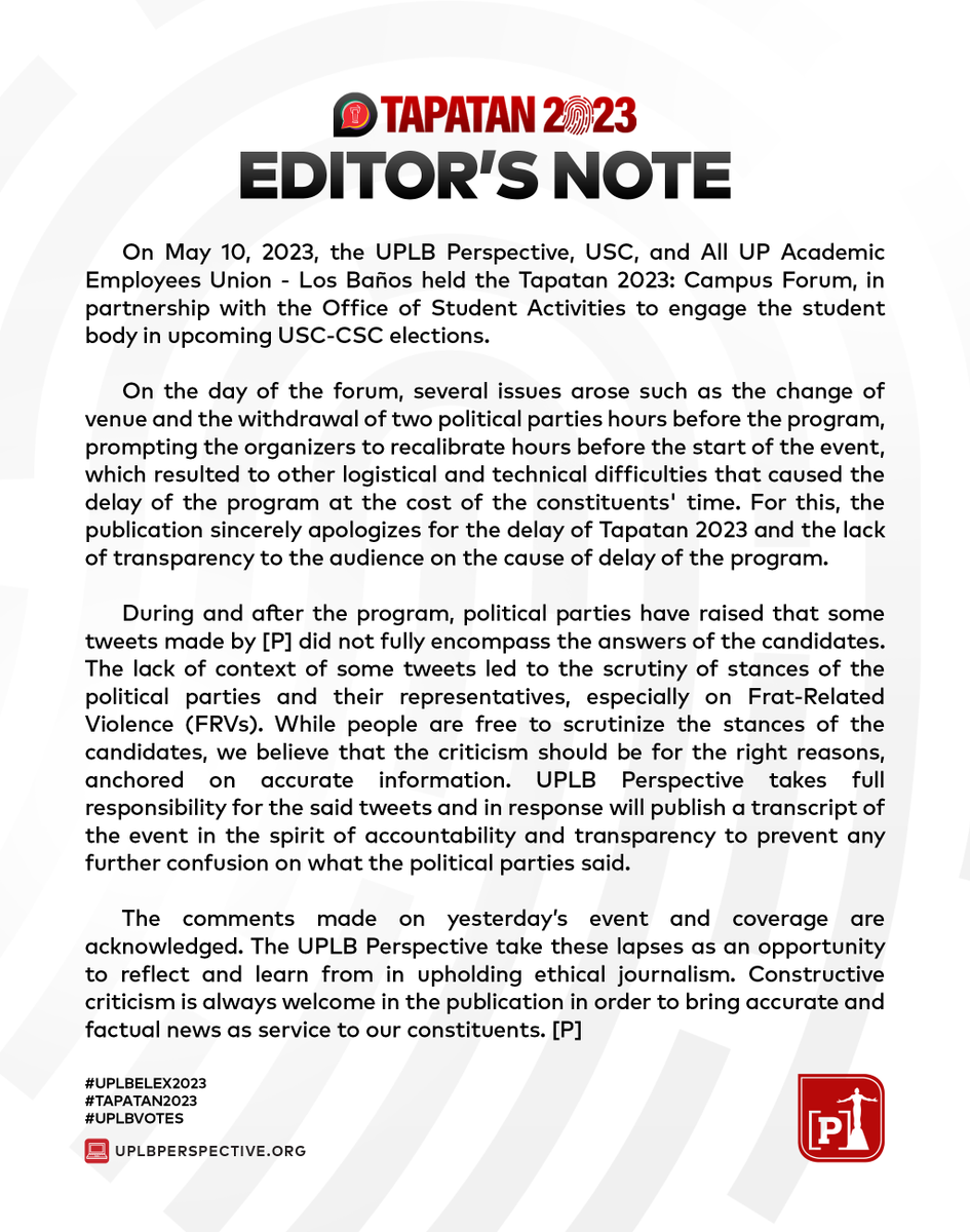 EDITOR'S NOTE: On May 10, 2023, the UPLB Perspective, USC, and All UP Academic Employees Union - Los Baños held the Tapatan 2023: Campus Forum, in partnership with the Office of Student Activities to engage the student body in upcoming USC-CSC elections. (1/9)