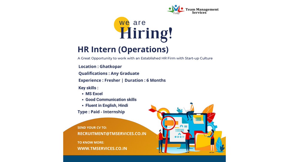 Internship Vacancy 

Rise your career by joining #TMS ! We're looking for Motivated Interns.

tmservices.co.in | sales@tmservices.co.in | 9319-226-300 

#TMS #hrservices #mumbai #hiring #recruitment #interns #internship #jobopening #jobvacancy #applynow