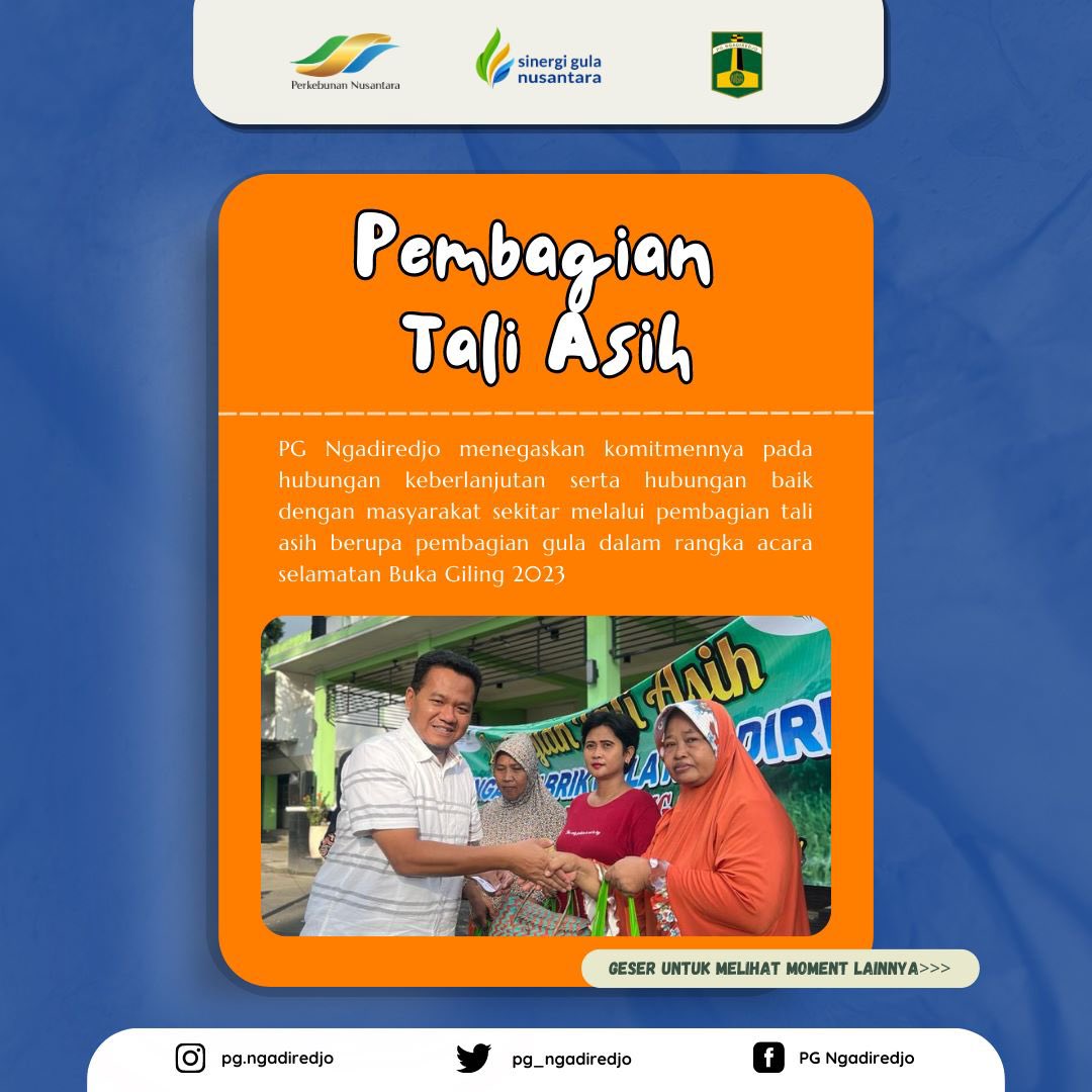 pg_ngadiredjo's tweet photo. PG Ngadiredjo turut membagikan kebahagiaan dengan melakukan pembagian tali asih kepada masyarakat sekitar melalui pembagian gula. Hal ini merupakan wujud kepedulian PG Ngadiredjo terhadap lingkungan sekitar, selain sebagai bagian dari rangkaian acara selamatan Buka Giling 2023 https://t.co/kufhGlCaWc