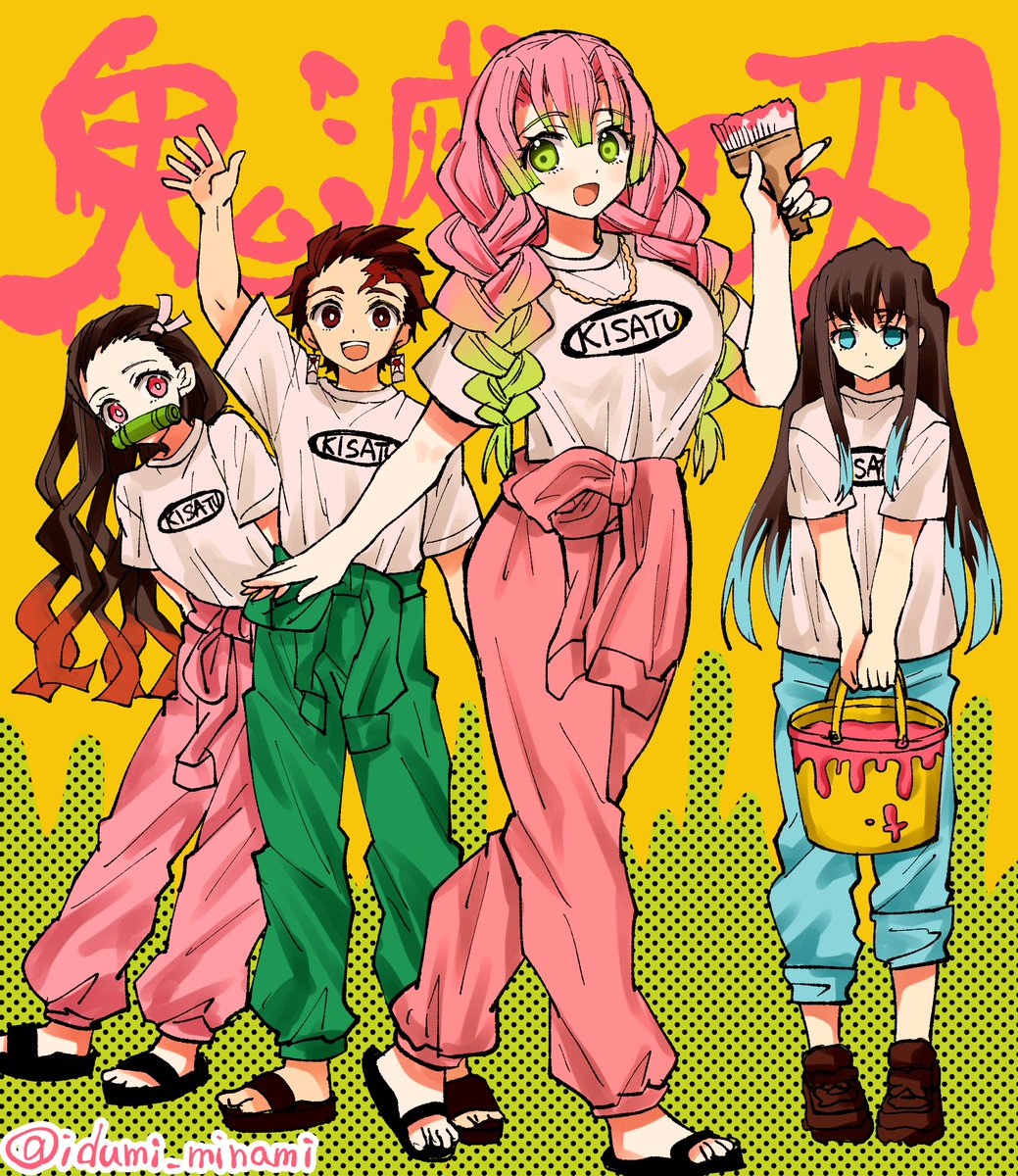 kamado nezuko ,kamado tanjirou ,kanroji mitsuri multiple girls 2girls pink hair shirt scar white shirt long hair  illustration images