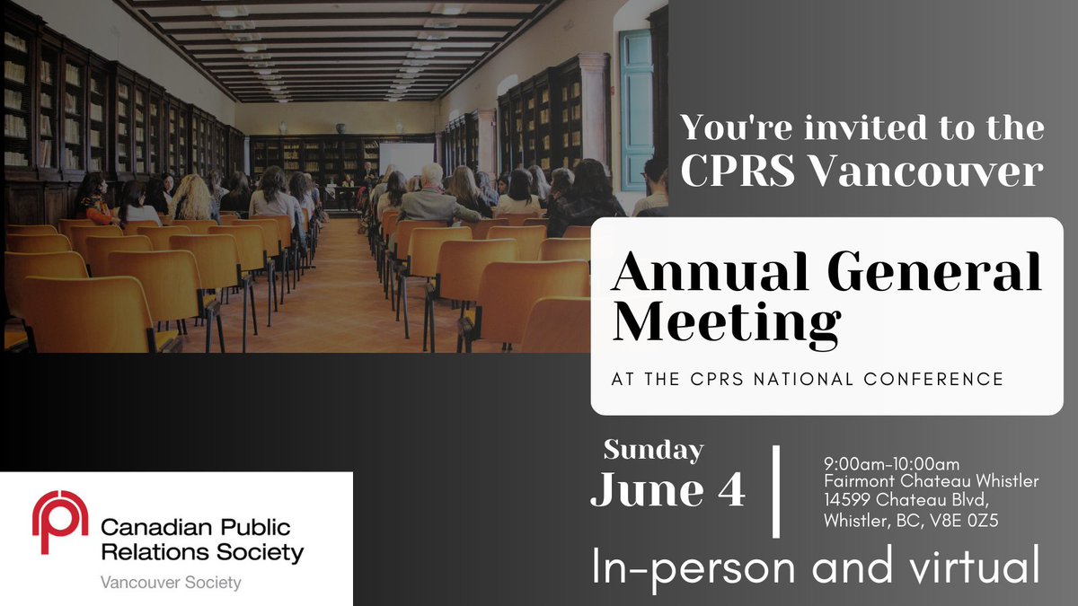 CPRSVancouver's tweet image. 📣 CPRS Vancouver Annual General Meeting 📣
Before the CPRS National conference begins on June 4th, join CPRS Vancouver members for a morning AGM. You can attend in person or on Zoom.
Register here: bit.ly/3MhKhe6
#AGM2023 #CPRSVancouver #CPRSNationalConference