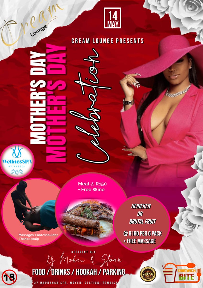 Cream_Lounge1's tweet photo. Let's enjoy Mother's day and celebrate our Queens! You can get a meal and free wine for R150 plus you can get a massage at Cream Lounge!! 

Let's have a blast on the 14th!!

Thandi Modise #ThaboBester Pogba Nike BRICS #NOTA NATO Stage 16 Uncle Waffles Cyan The ANC Zuma Sundowns https://t.co/ONkadt1xDC