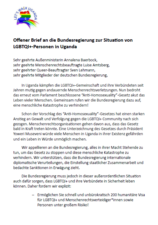 LWUGANDA's tweet photo. Offener Brief an die deutsche Bundesregierung zur Situation in Uganda: 

Gemeinsam mit 80 prominenten Stimmen fordern wir von der Bundesregierung 200 Humanitäre Visa für Menschen in Gefahr &amp; Unterstützung von Schutzräumen vor Ort.

Solidarität mit der LGBTQI+ Community in Uganda! https://t.co/PCIs3U1U0m