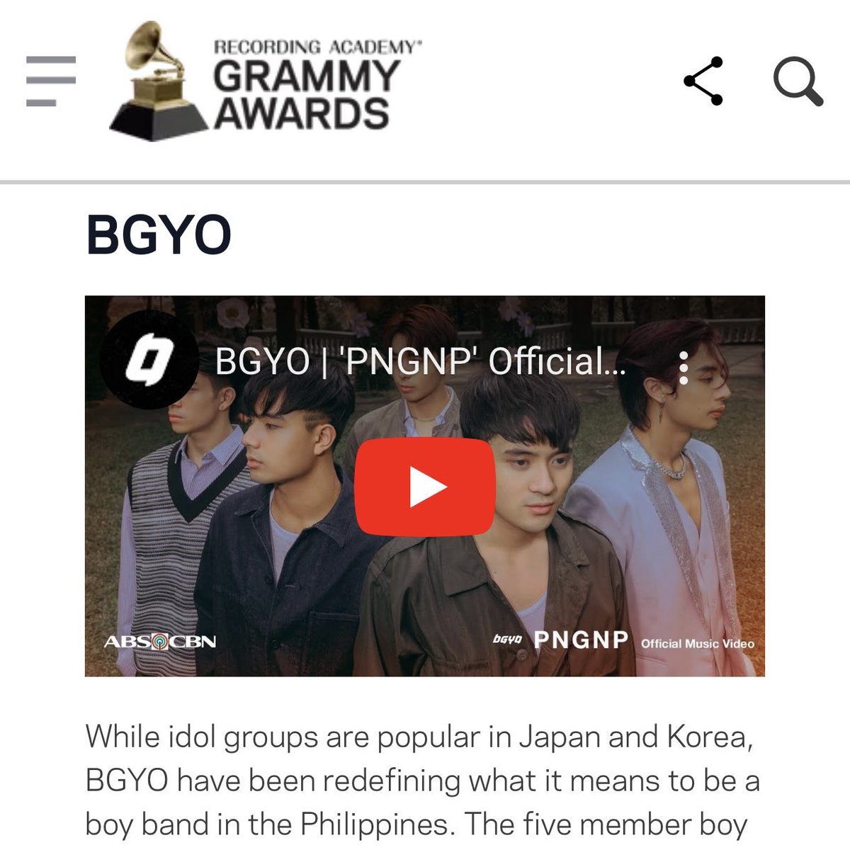 migueldumaual's tweet photo. LOOK: Grammys website features P-pop boy group BGYO in article about Asian pop, alongside acts from South Korea, Japan, and Thailand, among others. The “Tumitigil Ang Mundo” hitmakers are cited for “redefining what it means to be a boy band in the Philippines.” @ABSCBNNews https://t.co/CXFaMDQCQd
