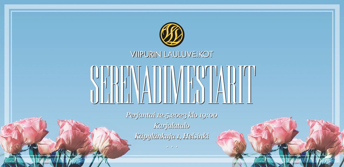 VLV1897's tweet photo. Tänään soivat serenadit Karjalatalolla!
Lämpimästi tervetuloa konserttiin!

Serenadimestarit
12.5.2023 klo 19
Karjalatalo, Käpylänkuja 1, Helsinki
Liput 20 €:
https://t.co/deXlc9hIbS
sekä ovelta 1h ennen konserttia.
12-vuotiailla ja nuoremmilla lapsilla on vapaa pääsy. #vlv https://t.co/NURokUzOfH