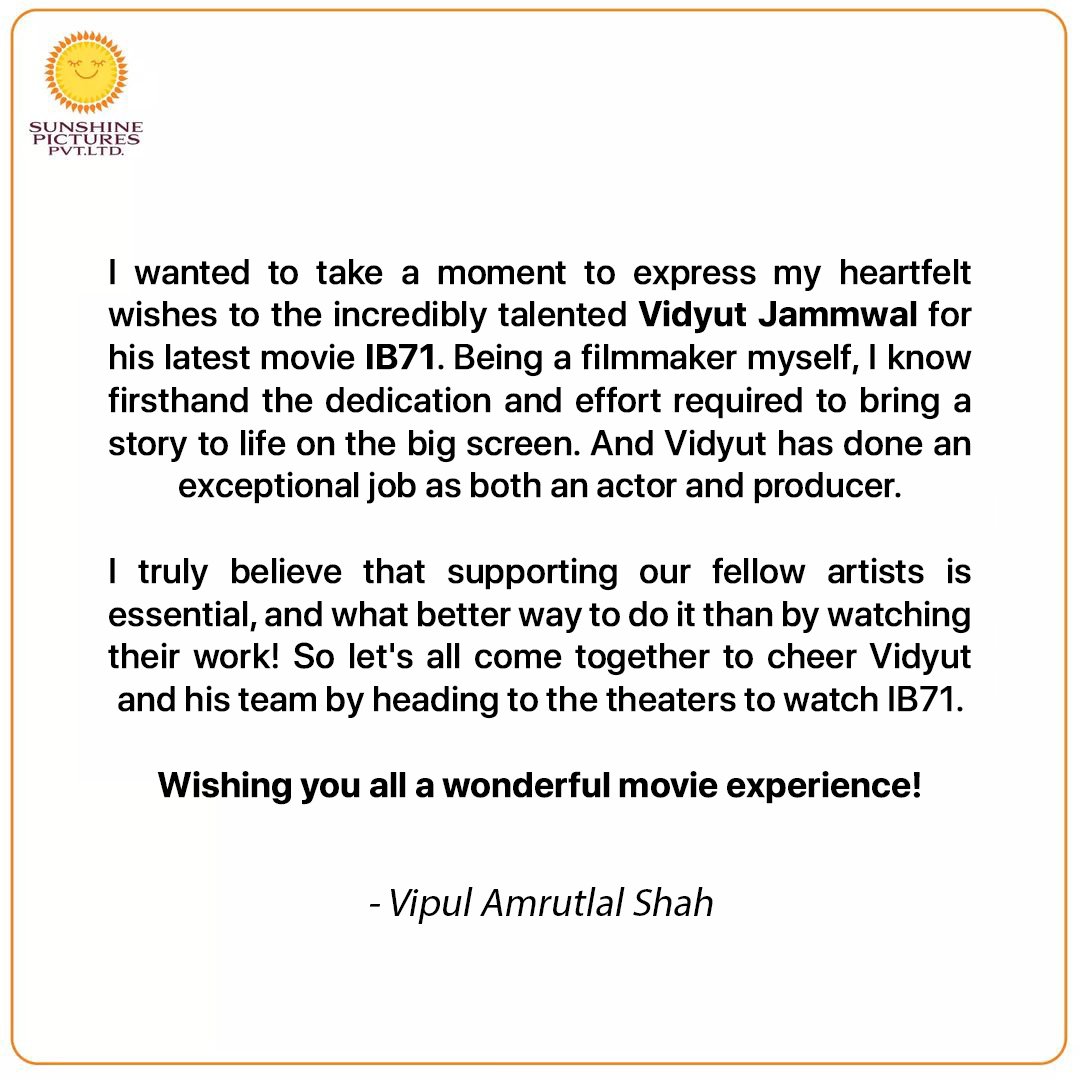 Sending all our love to @VidyutJammwal and #IB71! @ActionHeroFilm1 #VipulAmrutlalShah @Aashin_A_Shah #SunshinePictures