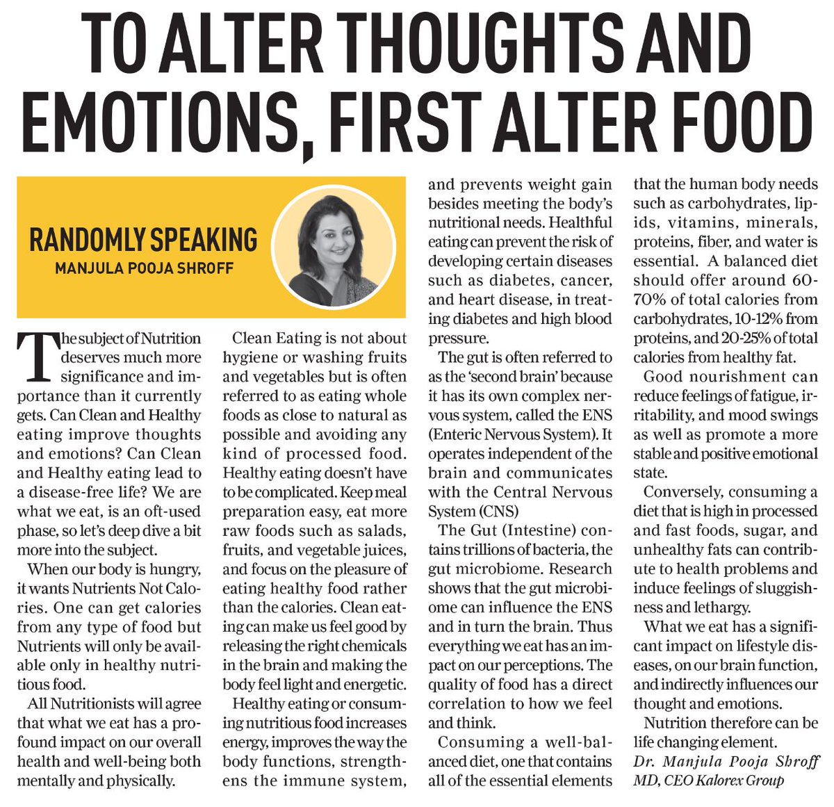 Manjula_Pooja's tweet photo. To Alter Thoughts And Emotions, First Alter Food
Do read this article published in the Daily Guardian.
If you like SHROFFism thoughts, click the link below for our courses.
https://t.co/yblKNWzmhF
#dailyguardian #lifeskills #Shroffism #manjulapoojashroff #MPS #kalorex https://t.co/M1ff8aNRWa