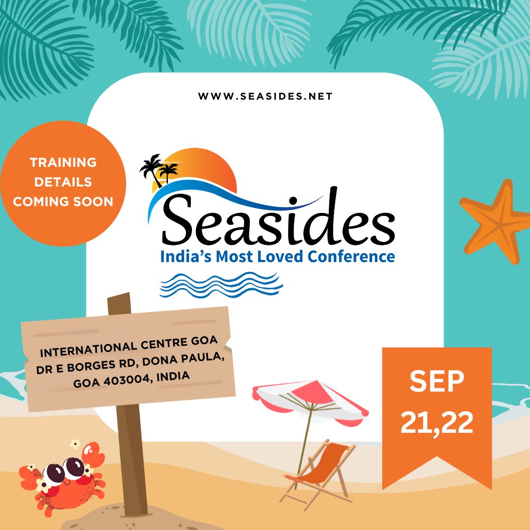 A new banger &amp; zeal in the air!Ur wait for seasides conf is over now,21-22nd Sept 2023 of ur calendar gonna set fire! Book ur tickets &amp; pack ur bags. Come with an open curious mind, cause the trainings, swags &amp; our team can't wait more to be urs.Details on seasides.net