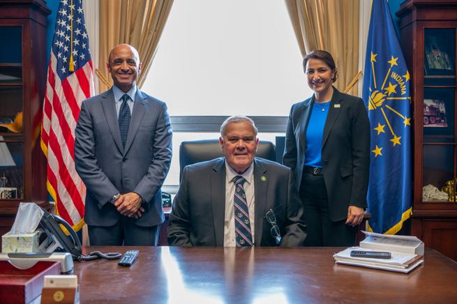 mariammalmheiri's tweet photo. It was a pleasure meeting @RepJimBaird, in attendance of HE Yousef Al Otaibah UAE Ambassador to the US, on the sidelines of #AIMforClimate in Washington, to discuss deepening our bilateral relations in #foodsecurity, #agriculture, #technology, and #climateaction. https://t.co/Q6cu6BAhbf