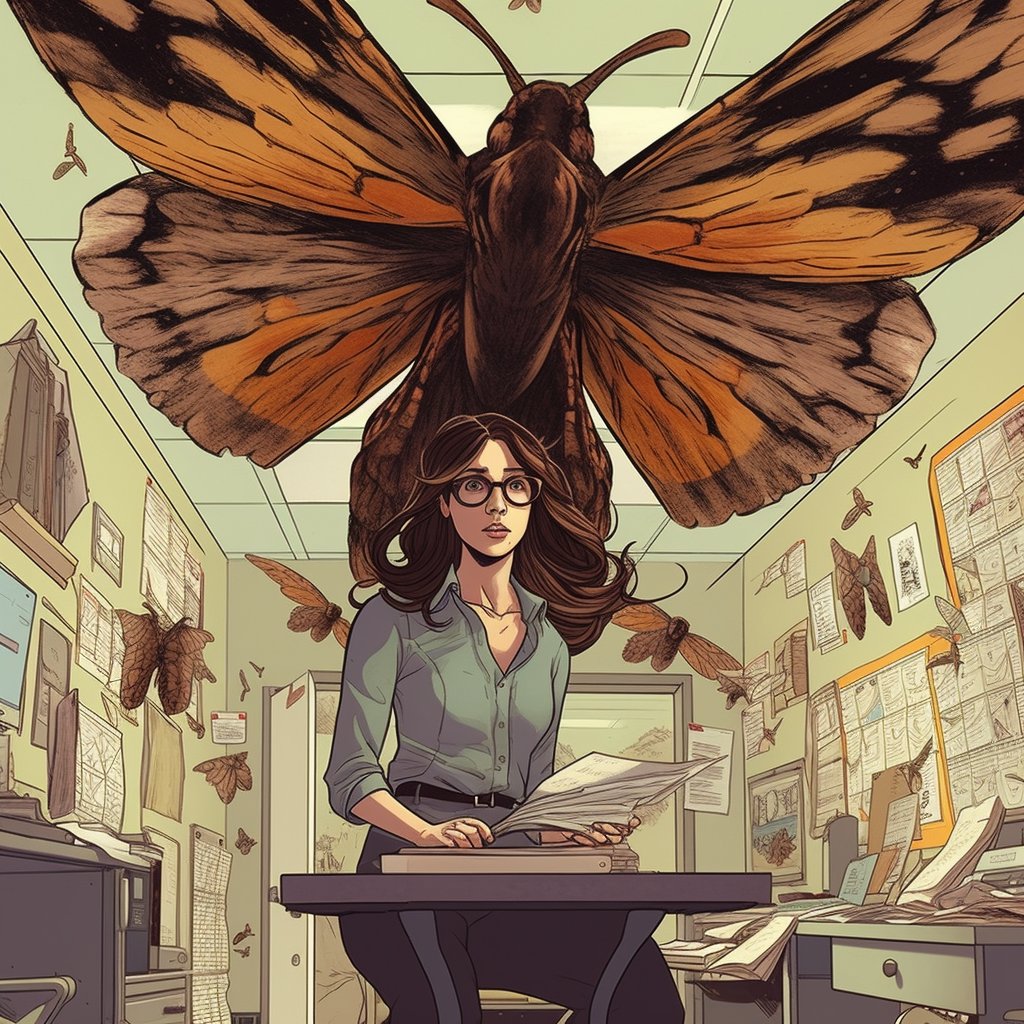 🦋👩‍💼 Just created an epic piece of comic book art using an AI app! 'Giant moth chasing a brunette woman in her office' - inspired by my coworker's moth phobia. Who knew #officeadventures could be this thrilling? 😂 #AIart #MothMania 🎨