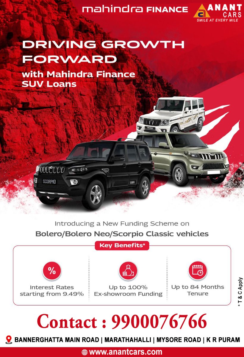 Mahindra Finance Offering a new funding scheme for Bolero, Bolero Neo, Scorpio Classic vehicles.
* Interest rate starting at 9.49%.
* Upto 100% ex-showroom funding.
* Upto 84 months tenure.
For more information, contact us at 9900076766.

#anantcars #mahindrafinance #loanoffer