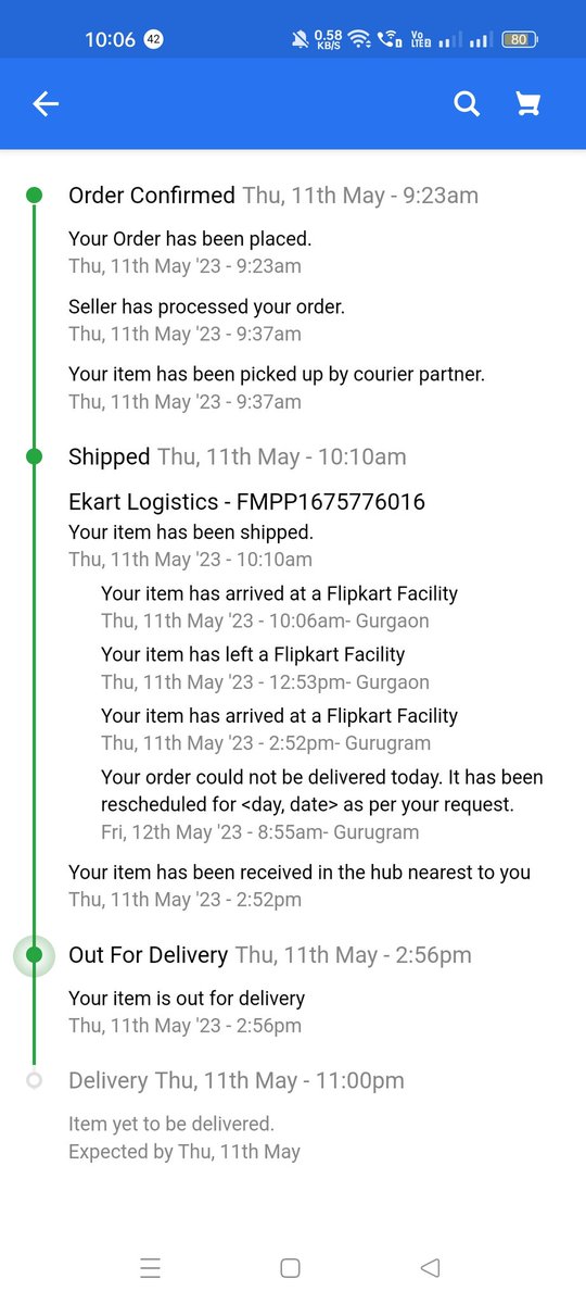 That's the delivery status I see on <a href="/Flipkart/">Flipkart</a> app... expected to be delivered by 11th May. Well, unless it is 11 May 2024 or your delivery guy can't time travel, this day is fine already.