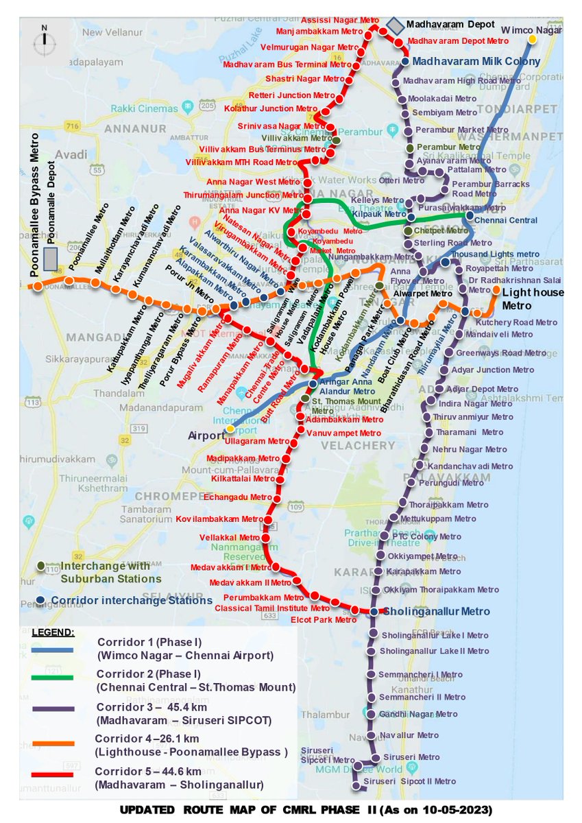 🚇Chennai Metro Updated Phase 2 Map & updated station list

Stations dropped:10
🔹Line3: Thapalpetti, Doveton Jn, St.Joseph clg
🔹Line4: Foreshore estate, Natesan park, Meenakshi clg
🔹Line5: CMBT, Koyambed 100 ft rd, Porur, Medavakam 3

Stations added: 1
🔹Line5 -Koyambedu