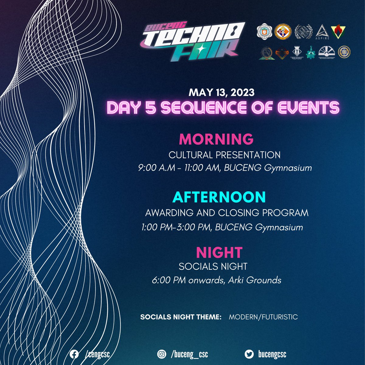 bucengcsc's tweet photo. It's been a week of innovation, inspiration, and learning at 1st International BUCENG Technofair! ✨

Join us as we close the curtains on the last day of BUCENG Technofair, tomorrow, May 13, 2023.

Here is the sequence of events on our 5th Day. https://t.co/p9XPI7voor