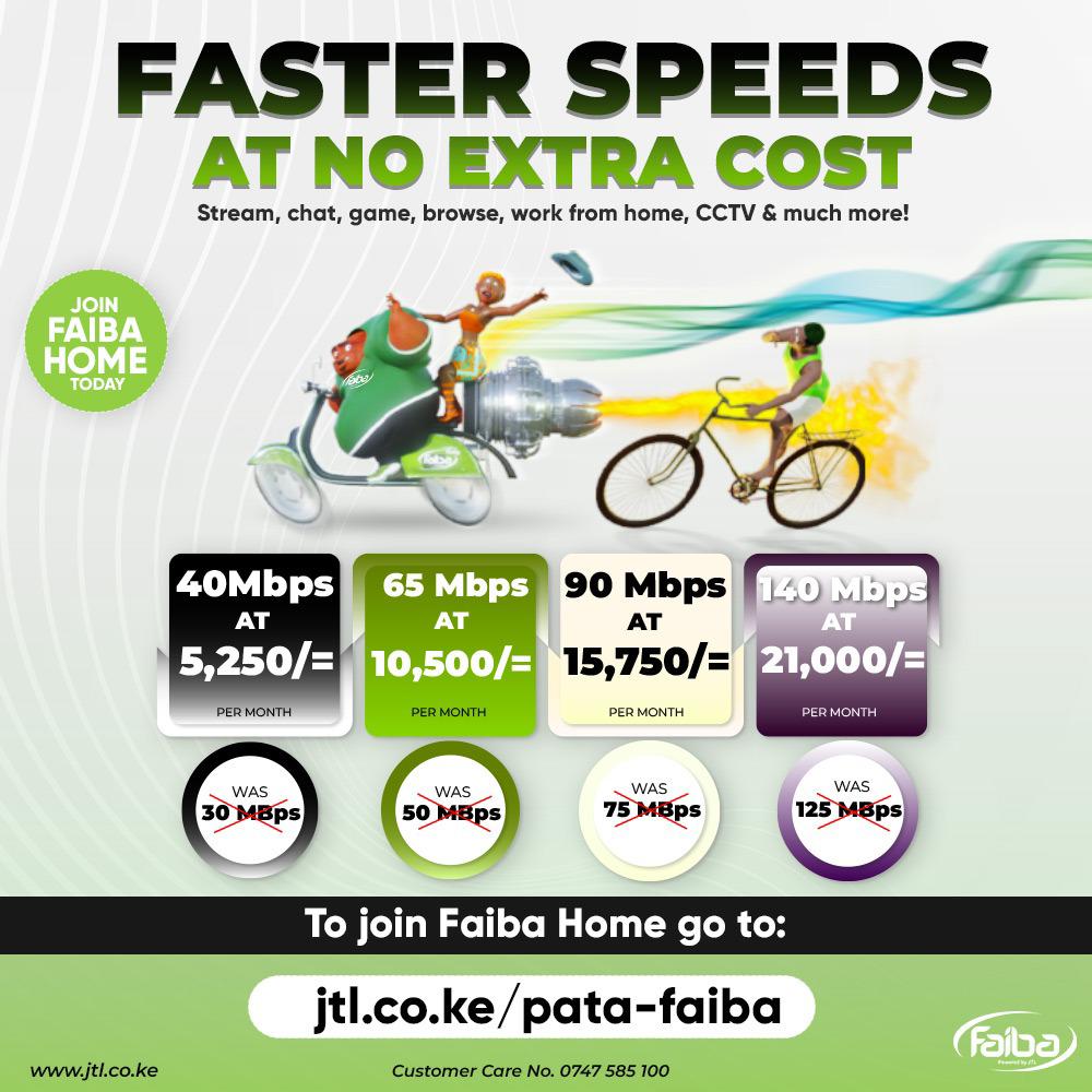 PiocheBrio's tweet photo. Upgrade your home internet with Faiba Home and unlock the perfect blend of speed, reliability, and affordability. Choose from  range of plans:
40 Mbps at 5,250/-
65 Mbps at 10,500/-
90 Mbps at 15,750/-
140 Mbps at 21,000/-
 @FaibaJTL #GetFaibaHOME https://t.co/xsbXMICLPm