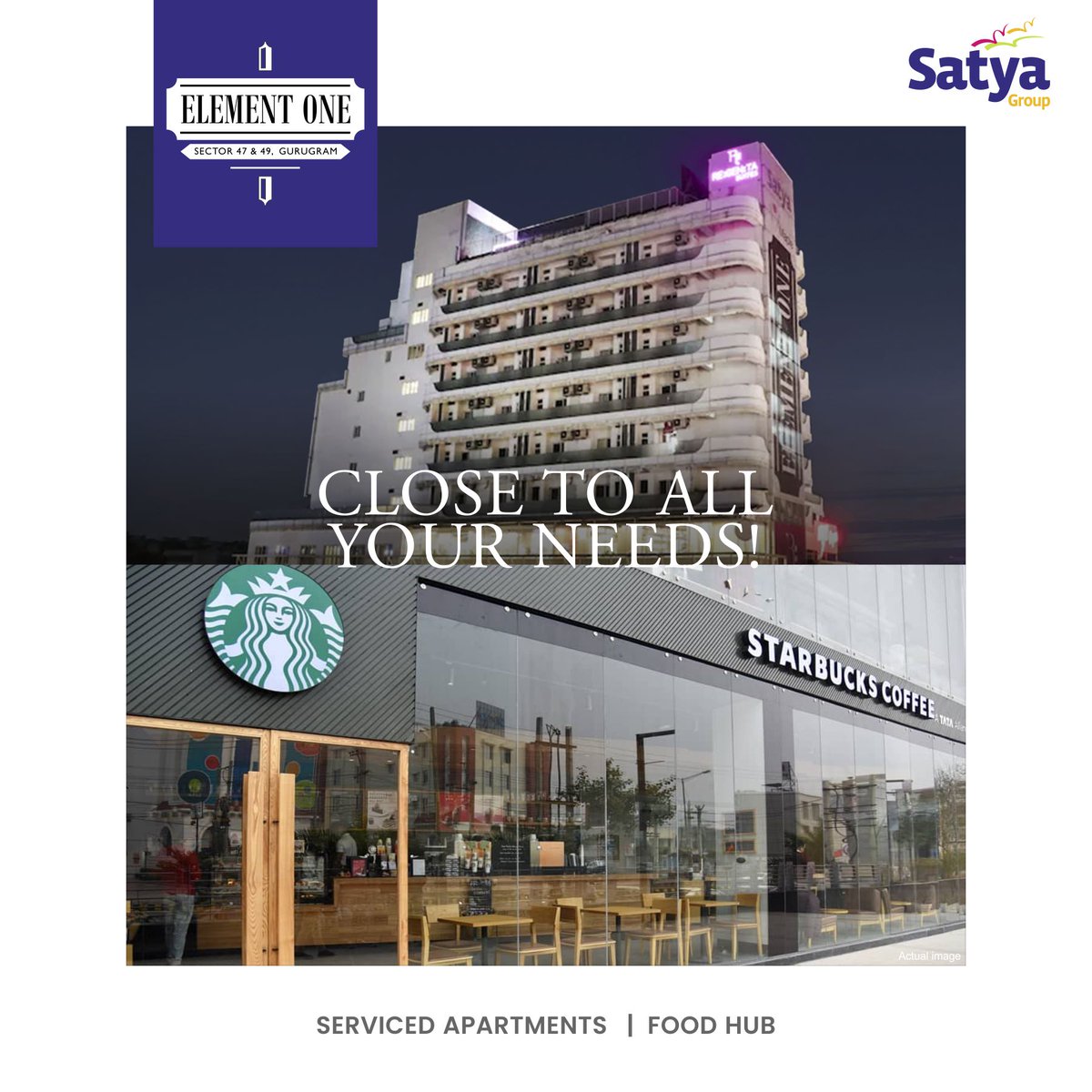 satyadevelopers's tweet photo. Located within close proximity to some of the most affluent sectors of Gurugram, Element One has impressive brands like Starbucks, Haldiram’s, Burger King and 24Seven within its complex. https://t.co/a9Pf8cBCaM